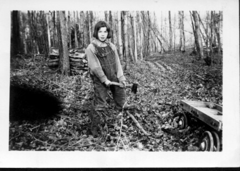 Cutting wood on Ira Morse Farm